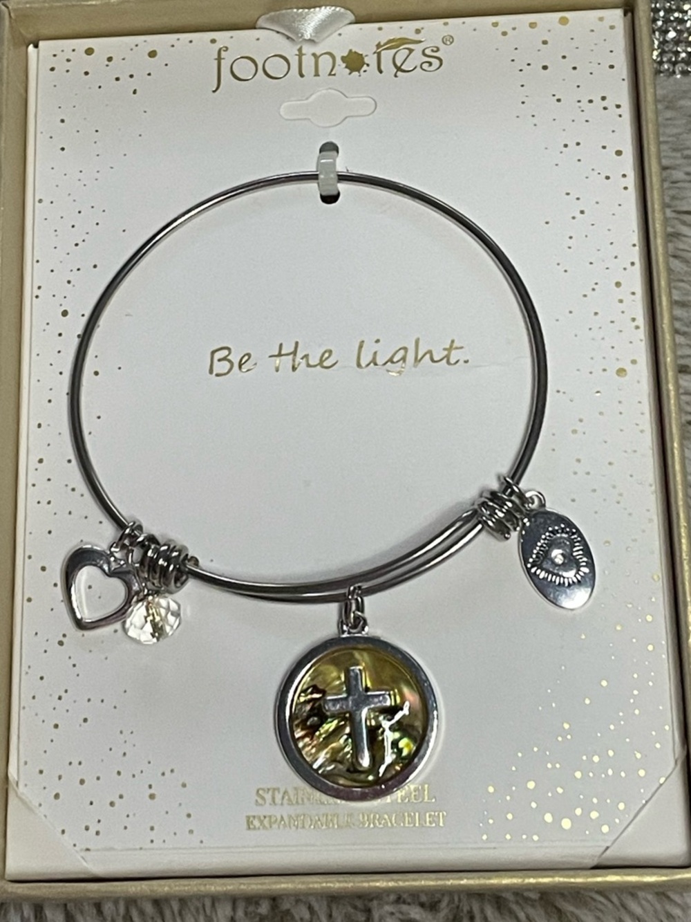 Footnotes Stainless Steel Cross Charm Bracelet - Silver with Abalone Accent